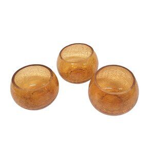 Crackled Glass Set 3 Votive Amber Candle Holders 1980s Vintage 3'' T